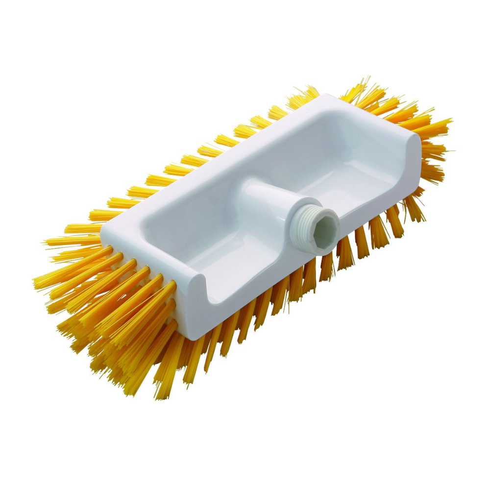 La brosse d'angle PBT moyen Haug Bürsten KG dispose d'une base en plastique blanc de 320 x 125 x 110 mm avec des poils latéraux rigides jaunes en PBT et un insert fileté central pour la fixation du manche, ce qui la rend idéale pour le nettoyage professionnel.