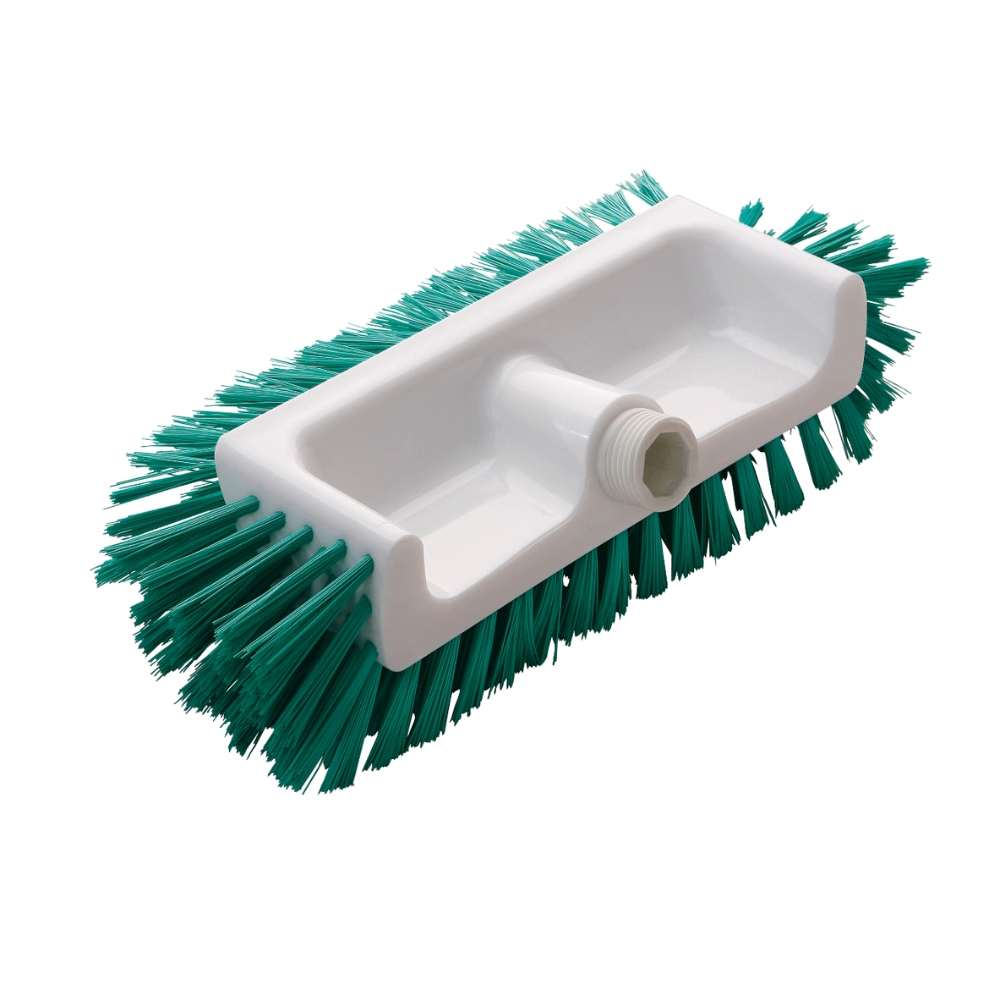 La brosse d'angle Haug Bürsten KG dispose d'un corps rectangulaire en plastique blanc avec des poils verts en PBT de dimensions 320x125x110 mm. Elle possède un insert fileté pour la fixation du manche, garantissant ainsi des résultats de nettoyage optimaux.