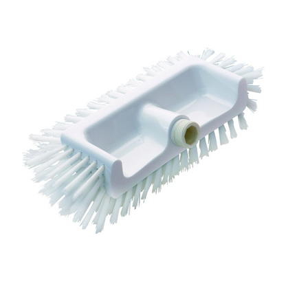 La brosse d'angle PBT moyen Haug Bürsten KG (320x125x110 mm) a une tête de brosse blanche avec des poils rigides en PBT qui dépassent de la base rectangulaire, offrant ainsi d'excellents résultats de nettoyage, ainsi qu'un trou fileté pour la fixation du manche.