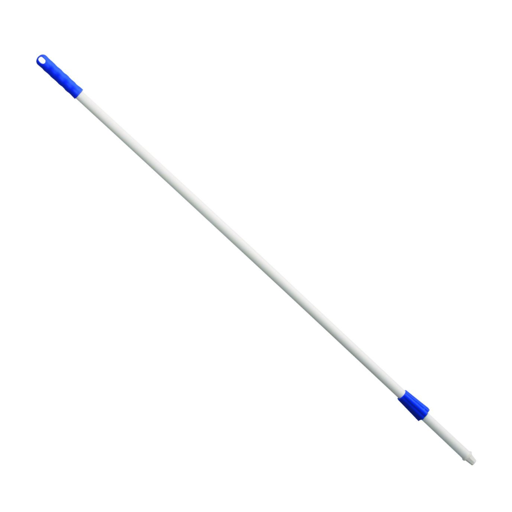 Sur un fond blanc, un manche en fibre de verre non conducteur de 1450 mm de long de Haug Bürsten KG avec des extrémités en plastique bleu et une poignée ergonomique est visible.