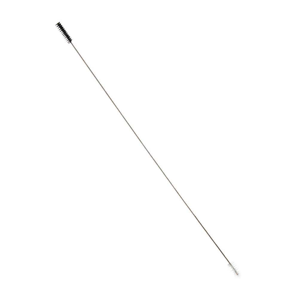 De Haug slangborstel met V2A roestvrij staaldraad van Haug Bürsten KG heeft aan het ene uiteinde dichte zwarte borstelharen en aan het andere uiteinde kleinere witte borstelharen, ideaal voor het reinigen van pijpen en nauwe ruimtes. De roestvrijstalen handgreep zorgt voor duurzaamheid.