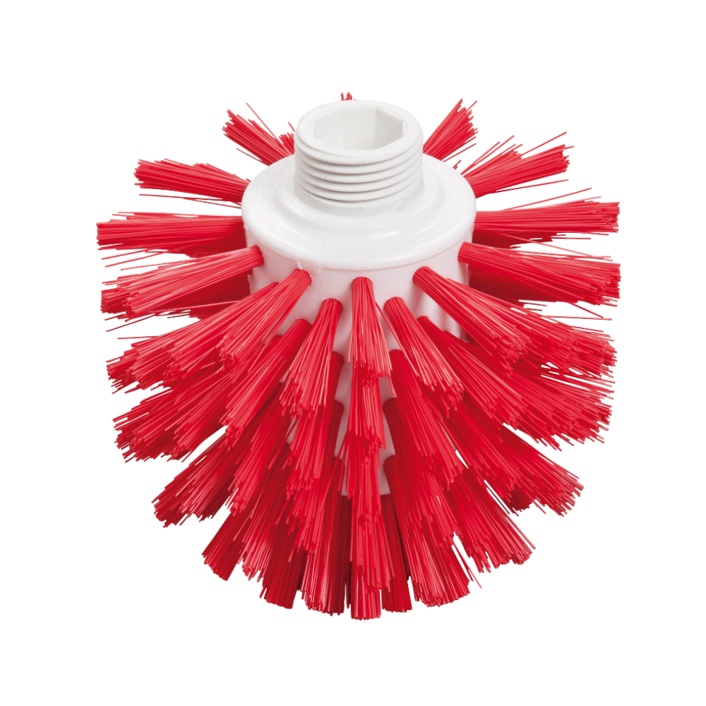 Een rode Wolfborstel van Haug Bürsten KG in hygiënisch ontwerp wordt gekenmerkt door dicht op elkaar geplaatste, harde borstelharen die uit een witte kunststof basis steken. De basis heeft een schroefdraadopening voor aansluiting op een reinigingsgereedschap en is daarom perfect voor voedselveilige omgevingen.