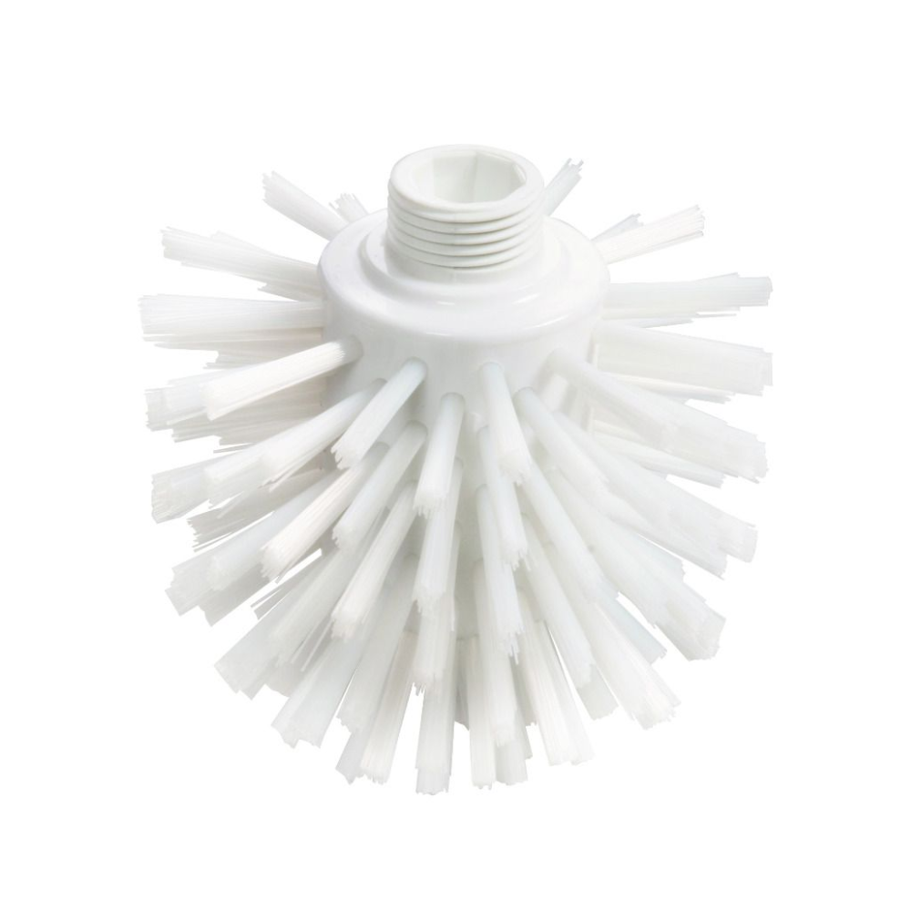 Deze Haug Wolfborstel PP PBT Ø0,50 mm Hard 135xØ120 mm van Haug Bürsten KG heeft een ronde borstelkop met naar buiten gerichte, stijve borstelharen, waardoor hij perfect is voor reinigingstaken. Hij heeft ook een schroefdraadverbinding aan de bovenkant voor eenvoudige bevestiging van de steel, ideaal voor voedselveilige omgevingen.