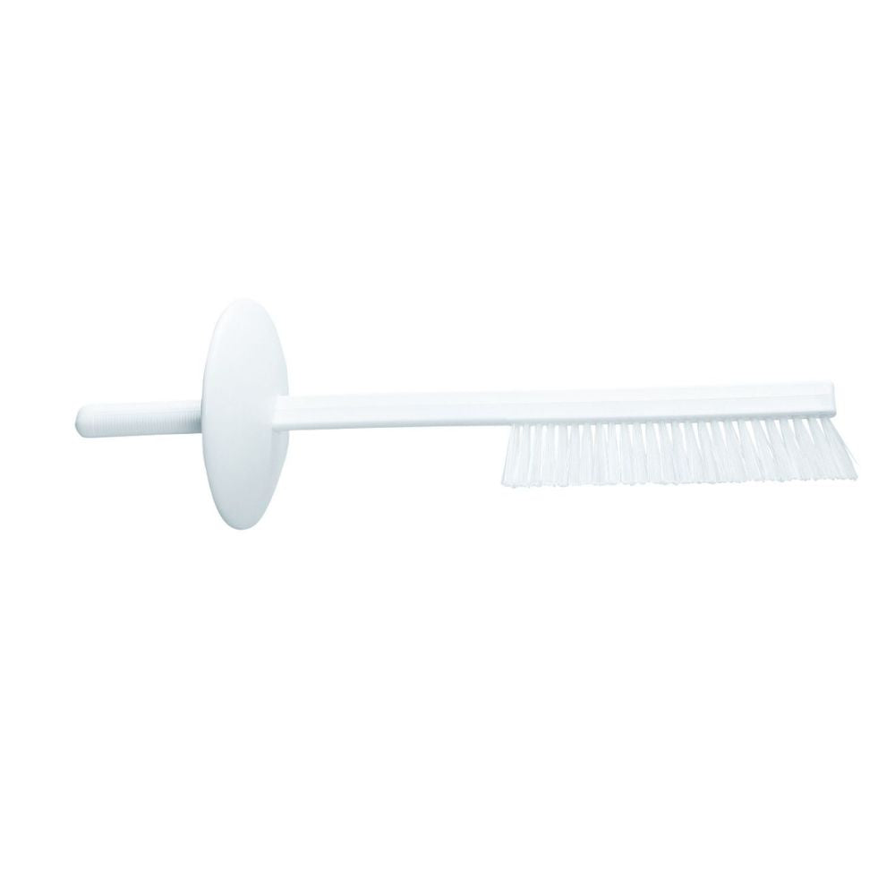 Une brosse à découper Haug avec un bouclier de protection de Haug Bürsten KG avec un manche rond et de longs poils est représentée sur un fond blanc. Son bouclier rond près du manche offre une protection supplémentaire.