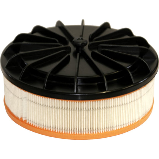 Le filtre HEPA de rechange Arcora M5Plus, fabriqué par Arcora International GmbH, est un filtre rond doté d'une base orange, d'un matériau HEPA plissé blanc et d'un couvercle noir muni de nervures de renfort radiales.