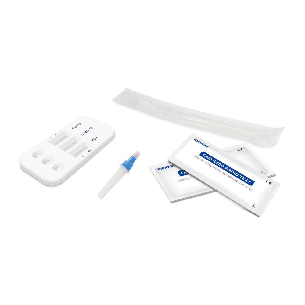 Un test rapide professionnel HighTop Influenza A/B, RSV, Covid-19 – boîte de 20 | Emballage (20 tests) sur fond blanc, comprenant un dispositif de test, un écouvillon stérile, un tampon d'extraction d'échantillon et des paquets d'instructions.