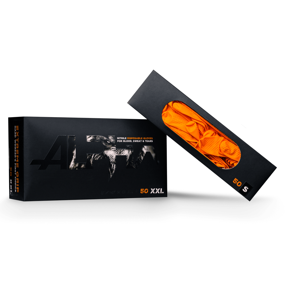 Une boîte noire ALPHA de AMPri Handelsgesellschaft mbH contient 50 gants à usage unique en nitrile High Grip XXL de couleur orange. L'emballage ouvert montre les gants orange vif, partiellement visibles à travers une fenêtre transparente.