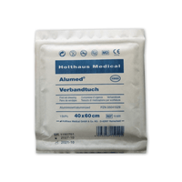La compresse Holthaus Alumed® de la société Holthaus Medical GmbH & Co. KG est un pansement conditionné de manière stérile, portant la mention « revêtu d'aluminium », mesurant 40 x 60 cm et contenant une compresse. La date de péremption est octobre 2027.