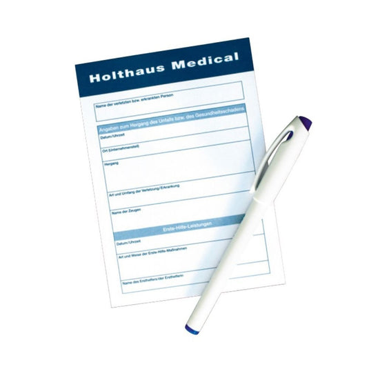 Het Holthaus Medical-rapportageformulier van Holthaus Medical GmbH & Co. KG bevat de rubrieken die essentieel zijn voor een nauwkeurige documentatie, namelijk die voor persoonlijke gegevens en medische voorvallen. Op het formulier is een blanco pen afgebeeld tegen een eenvoudige witte achtergrond.