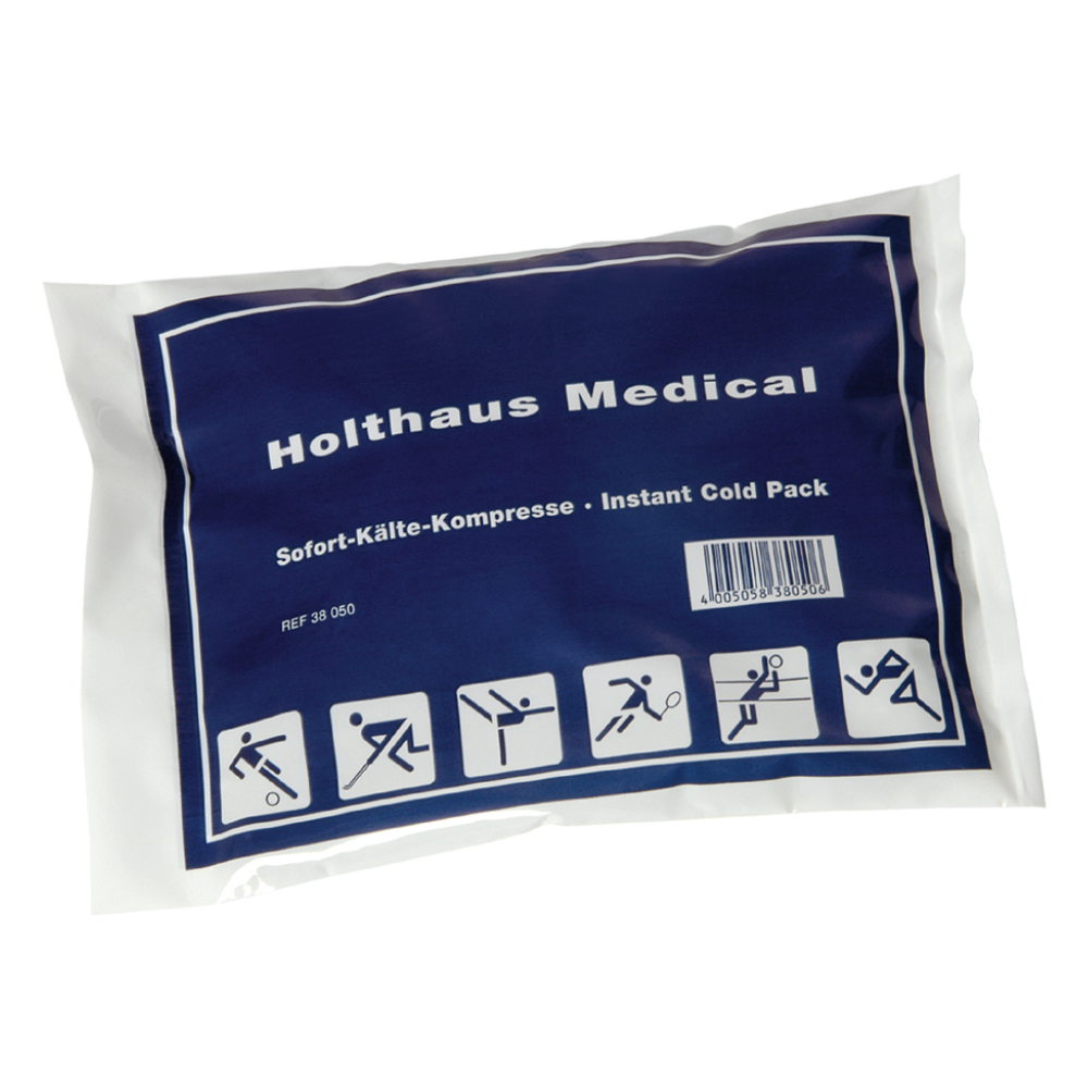 Een blauw-wit pakket van Holthaus Medical GmbH & Co. KG met het opschrift 'Koudekompres voor eenmalig gebruik 15 x 14 cm' bevat een direct-koudekompres. Met sporticonen is het perfect voor kou en kou, met tekst in het Duits en Engels en een streepjescode.