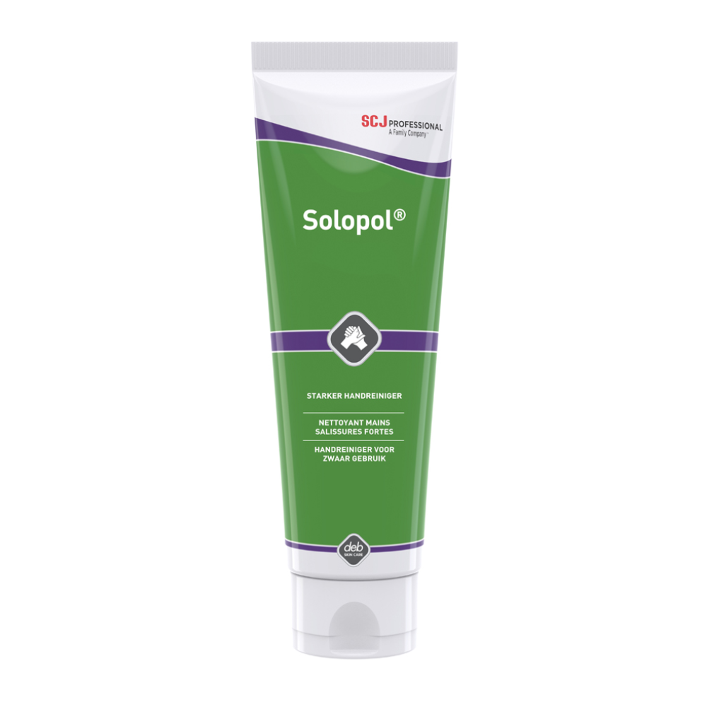 Een groene tube van 250 ml met de opdruk 'Holthaus Solopol® Classic Handreiniger' en een paars-wit ontwerp. De tube, vervaardigd door Holthaus Medical GmbH & Co. KG, staat bekend om zijn sterke reinigingskracht en heeft tekst in meerdere talen. Op de bovenkant van de tube bevindt zich een logo met de opdruk 'SCJ Professional', terwijl de witte dop praktisch aan de onderkant is geplaatst.
