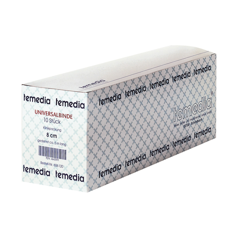 Een rechthoekige doos Holthaus Temedia Universeelverband, kliniekverpakking 8 cm x 5 m - 10 verbanden van Holthaus Medical GmbH & Co. KG, bevat 10 verbanden. De doos is voorzien van een patroon en draagt het Temedia-logo. Met een breedte van 8 cm en een lengte van ca. 5 m zijn deze compressieverbanden ideaal voor een effectieve wondverzorging.