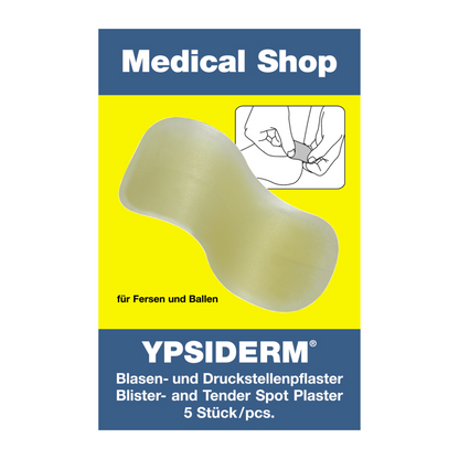 Een geel-blauwe verpakking met het opschrift „Medical Shop“ bevat Holthaus Ypsiderm® blarenpleisters voor hielen en bal van de voet. De merknaam Holthaus Medical GmbH & Co. KG en een beschrijving in het Duits zijn aanwezig. Een afbeelding toont hoe de pleister effectief op een voet wordt aangebracht voor blaarbehandeling. Bevat 5 stuks.