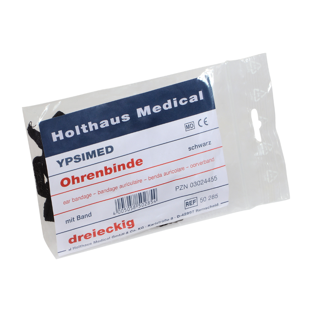 Bij de Holthaus Ypsimed Oorverband van Holthaus Medical GmbH & Co. KG gaat het om een verpakt oorverband met de opdruk „Holthaus YPSIMED Oorverband“. De verpakking bevat een driehoekig zwart oorverband met een band voor oorfixatie, het PZN-nummer 03024455 en het referentienummer 50 285.
