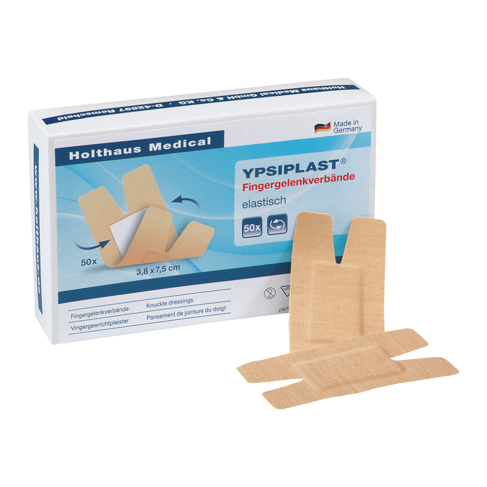 Doos Holthaus Ypsiplast® vingergewrichtsverband, elastisch met 50 verbanden van Holthaus Medical GmbH & Co. KG. Deze in Duitsland gemaakte verbanden zijn ontworpen voor vingergewrichten en meten elk 3,8 x 7,5 cm, waarbij twee verbanden buiten de doos zijn afgebeeld.