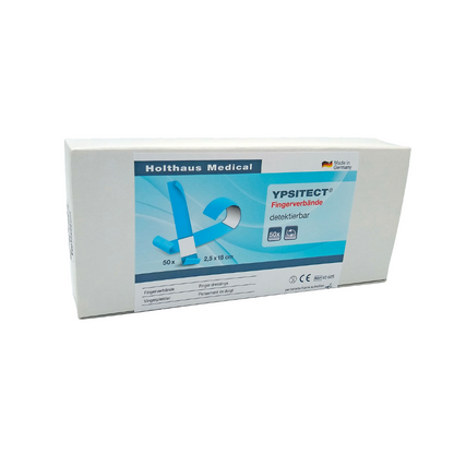 Een doos Holthaus Ypsitect® vingerverband detecteerbare vingerverband van Holthaus Medical GmbH & Co. KG, bevat 50 stuks elastische vingerverbanden met de afmetingen 2,5 x 18 cm. De verpakking is op een witte achtergrond met blauwe en grijze designelementen en informatieve tekst, waaronder "Made in Germany", ontworpen. Ideaal voor een betrouwbare wondverzorging.