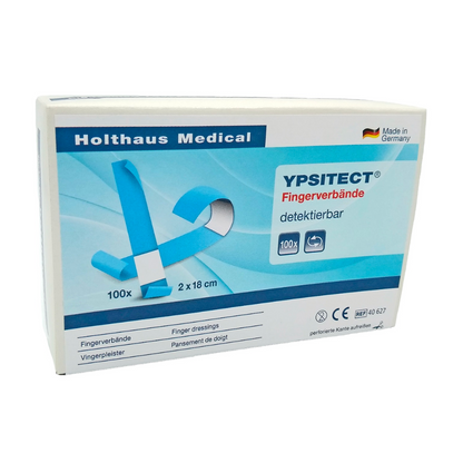 Een doos Holthaus Ypsitect® vingerverband detecteerbare pleisters van Holthaus Medical GmbH & Co. KG. De voornamelijk blauw-witte doos bevat 100 elastische vingerverbanden met de afmetingen 2 x 18 cm. De verpakking is ideaal voor de wondverzorging en vermeldt trots dat het product in Duitsland is gemaakt.
