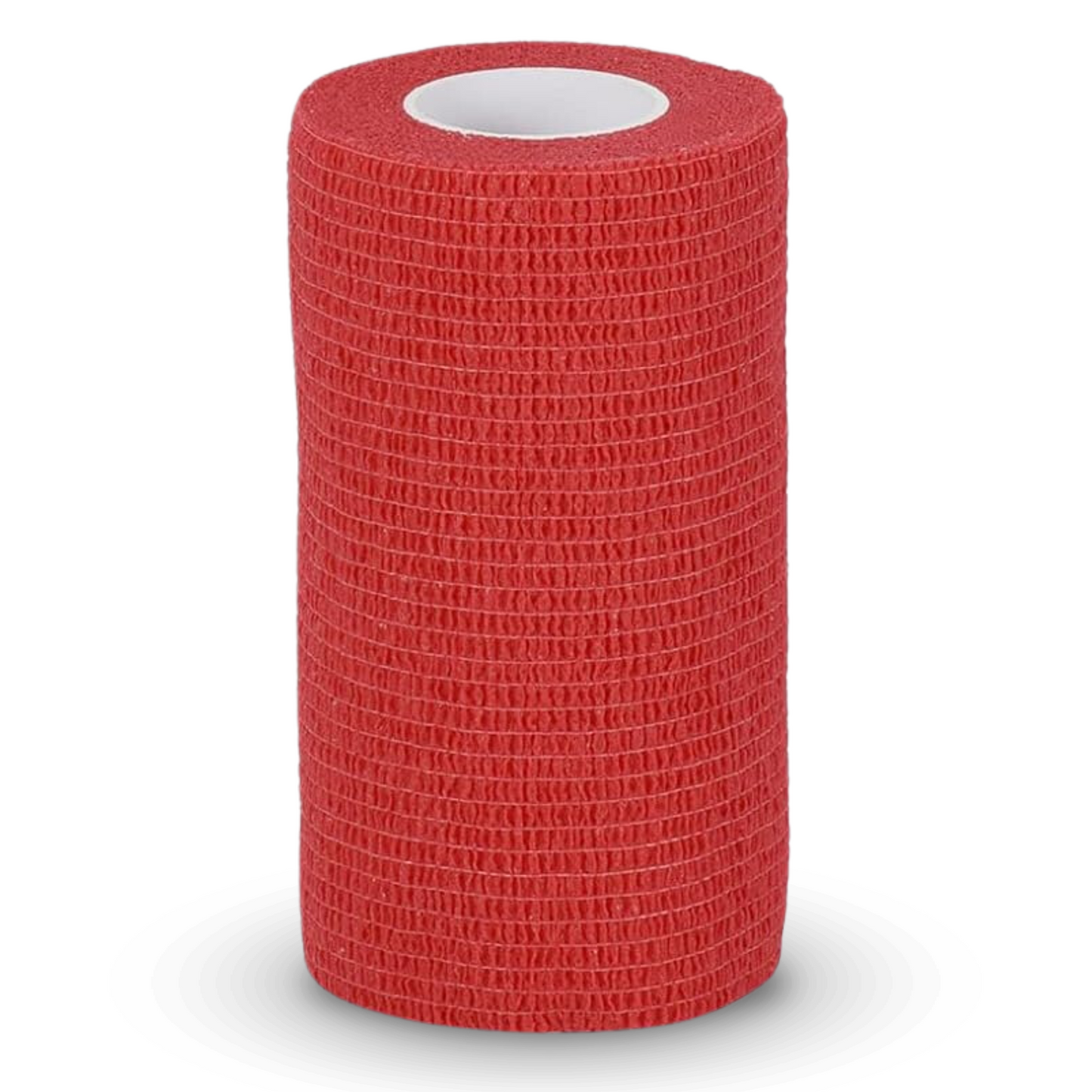 Un rouleau cylindrique rouge de bandage auto-adhésif Holthaus VliVet® pour le domaine vétérinaire de Holthaus Medical GmbH & Co. KG, conçu pour adhérer à lui-même sans coller à la peau ou aux poils. Le rouleau est debout sur un fond blanc simple, avec un noyau creux visible au centre - idéal pour une utilisation dans le soin des sabots et le domaine vétérinaire.