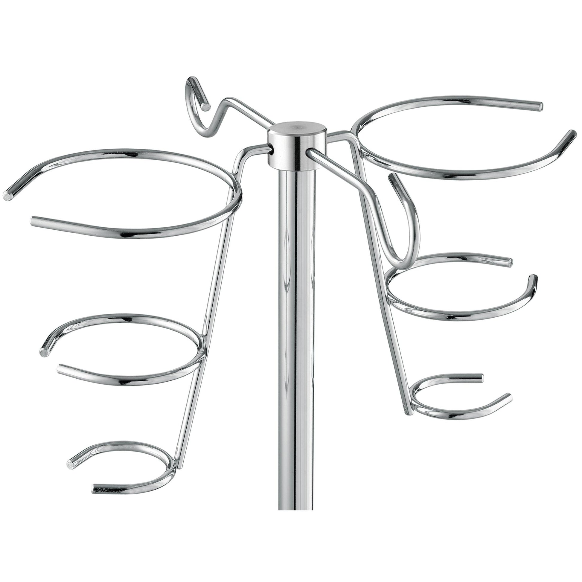 Eine Nahaufnahme des Novocal Infusionsflaschenhalters für Infusionsständer aus Edelstahl (für Rundrohr 18 mm, 2 Halter, 1 Stück) mit verchromten Drahthaltern, die von einer zentralen Stange für Flaschen oder Gläser abgehen.