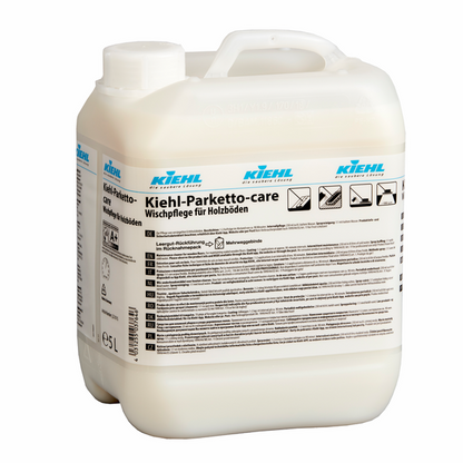 Ein 5-Liter-Kunststoffbehälter der Kiehl Parketto-care Selbstglänzende Pflegedispersion für Holzböden der Johannes Kiehl KG mit deutschen Etiketten und Piktogrammen auf der Vorderseite, die Anwendungshinweise darstellen.