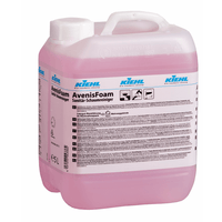 Un récipient en plastique transparent muni d'un couvercle blanc et d'une poignée, rempli d'un liquide rose. L'étiquette porte la mention « Kiehl AvenisFoam Nettoyant moussant pour sanitaires » de la société Johannes Kiehl KG, destiné au nettoyage en profondeur des surfaces d'hygiène. Avec pictogramme et mode d'emploi.