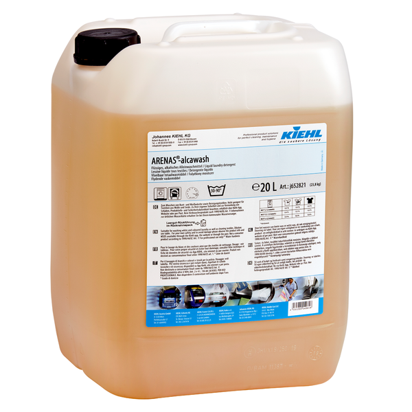 Kiehl ARENAS-alcawash Vloeibaar alkalisch wasmiddel van Johannes Kiehl KG in een 20-liter container van doorschijnend kunststof met zwarte schroefdop en een etiket met productinformatie en gebruiksinstructies.