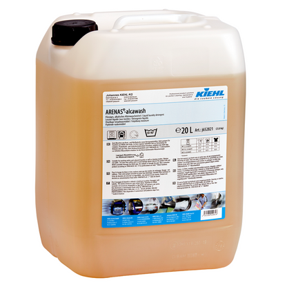Kiehl ARENAS-alcawash Vloeibaar alkalisch wasmiddel van Johannes Kiehl KG in een 20-liter container van doorschijnend kunststof met zwarte schroefdop en een etiket met productinformatie en gebruiksinstructies.