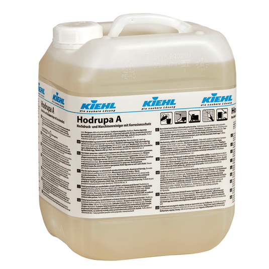 Le Kiehl Hodrupa A, un nettoyant haute pression et pour machines doté d'une protection anticorrosion, fabriqué par la société Johannes Kiehl KG, est conditionné dans un récipient en plastique translucide muni d'un couvercle blanc et est adapté à une utilisation dans des installations de nettoyage à haute pression. L'étiquette multilingue fournit des informations sur son utilisation et ses propriétés.