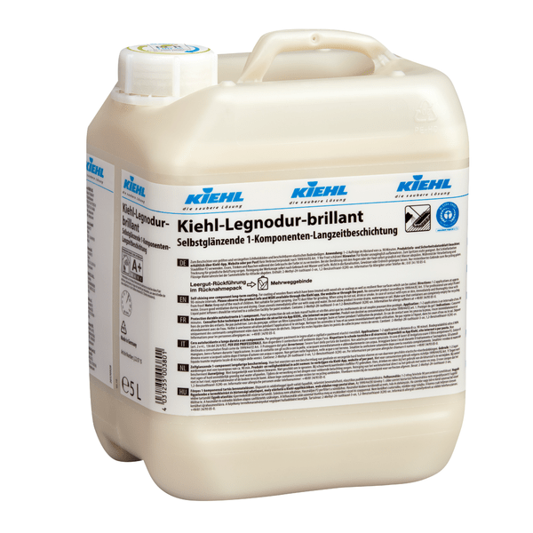 Een beige 5-liter kunststofcontainer van Johannes Kiehl KG Kiehl-Legnodur-brillant Zelfglanzende 1-componenten-permanente coating met blauwe en zwarte opdruk en een witte schroefdop, verkocht als doos met 2 flessen.