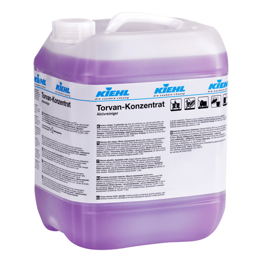 Grand récipient en plastique transparent muni d'une poignée et d'un bouchon à vis, rempli d'un liquide violet. L'étiquette porte la mention « Kiehl Torvan-Konzentrat Aktivreiniger » de la société Johannes Kiehl KG et contient des informations multilingues sur le produit.