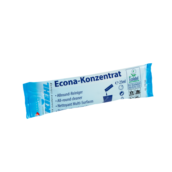 Eine blau-weiße 25-ml-Packung "Kiehl Econa-Konzentrat Allround-Reiniger" der Johannes Kiehl KG mit mehrsprachigem Text, Reinigungssymbolen und EU-Umweltzeichen.