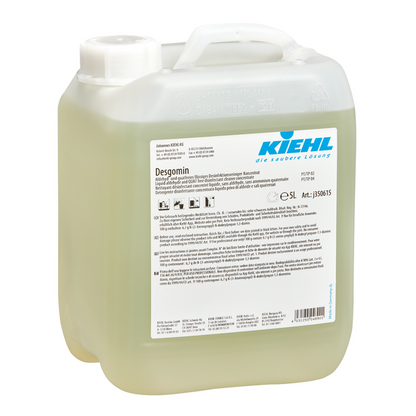 10-liter kunststof jerrycan Kiehl Desgomin aldehyde- en quatvrij vloeibaar desinfectiereinigerconcentraat van Johannes Kiehl KG, met witte schroefdop, handvat, blauw logo en productinformatielabel aan de voorkant.