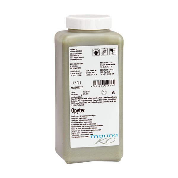 Rechthoekige 1L kunststof fles met schroefdop, die Kiehl Opytec Handreiniger voor grove vervuilingen van Johannes Kiehl KG bevat. Het etiket aan de voorkant bevat productdetails, instructies en fabrikantinformatie in meerdere talen.