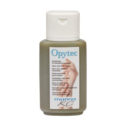 Een kunststof fles van Johannes Kiehl KG met witte dop en de opdruk Kiehl Opytec Handreiniger voor grove vervuilingen" draagt een meertalig marina KC"-etiket op een lichte achtergrond.