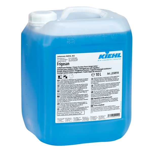 Een 10-liter jerrycan Kiehl Frigosan diepvriesruimte-reiniger van Johannes Kiehl KG, gevuld met blauwe vloeistof, doorschijnend. Het etiket bevat instructies, waarschuwingen en meertalige informatie.