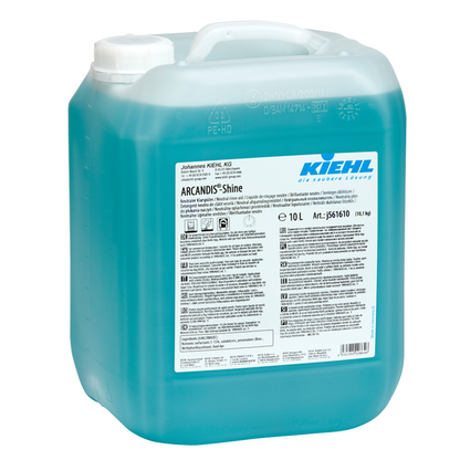 Un récipient de 10 litres en plastique transparent avec un liquide bleu "Kiehl ARCANDIS-Shine Rinçage Neutre" de Johannes Kiehl KG pour lave-vaisselle, assure une brillance sans traces. Instructions multilingues et avertissements inclus.