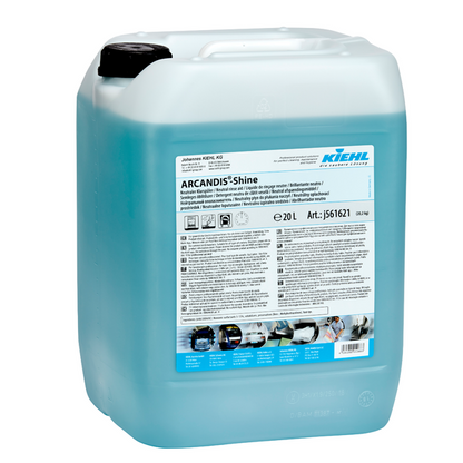 Un récipient de 20 litres en plastique transparent, rempli de liquide bleu avec l'inscription "Kiehl ARCANDIS-Shine Rinçage Neutre" de Johannes Kiehl KG, avec une brillance sans traces pour lave-vaisselle, informations sur le produit, mode d'emploi et images de soins.