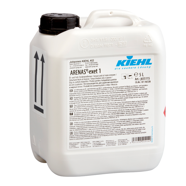 Weißer 5-Liter-Kunststoffbehälter mit schwarzem Deckel und der Aufschrift "Kiehl ARENAS-exet 1 Öl- und Fett-Fleckenentferner" der Johannes Kiehl KG mit mehrsprachigen Produkt- und Sicherheitsinformationen. Ideal zur Entfernung von hartnäckigen Öl- und Fettflecken.