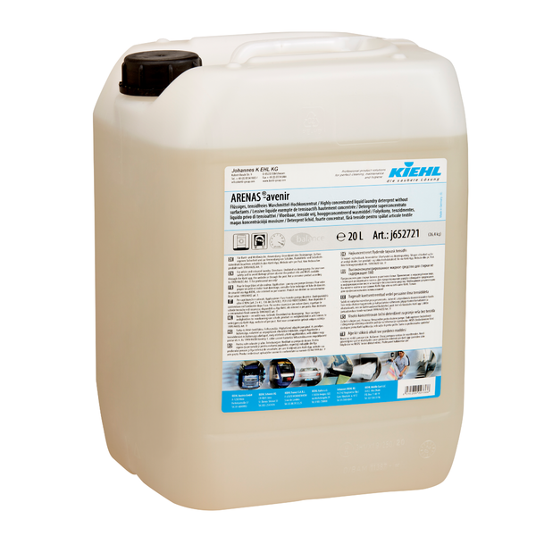 Ein 20-Liter-Kunststoffbehälter von Kiehl ARENAS-avenir Flüssiges tensidfreies Waschmittel der Johannes Kiehl KG, umweltfreundlich, mit schwarzem Deckel und weißem Etikett mit mehrsprachigen Produktinformationen und Anweisungen.