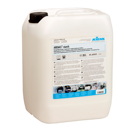 Een 20-liter container van wit kunststof met een zwarte schroefdop en het opschrift "Kiehl ARENAS-Stärke Vloeibare Wasstijfsel" van Johannes Kiehl KG. Het etiket bevat productinformatie, gebruiksaanwijzingen en pictogrammen. Zacht voor textiel.