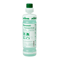 Kiehl Klaronet-concentraat, reinigingsmiddel voor glanzende vloeren van Johannes Kiehl KG, in een witte kunststoffles van 1 liter met een groene dop en een etiket met Duitse gebruiksaanwijzing en toepassingssymbolen. Ideaal voor het reinigen van glanzende vloeren. Verkrijgbaar in dozen van 6 flessen.