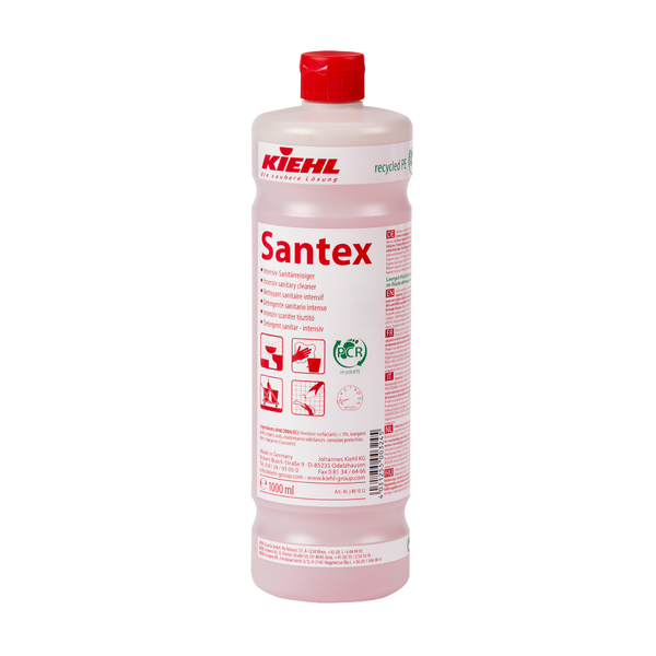 De 1.000-ml-kunststoff fles van de Kiehl Santex Intensief-Sanitairreiniger van Johannes Kiehl KG heeft een rode sluiting, een rood etiket met toepassingsinstructies, pictogrammen en productinformatie, evenals een groen keurmerk en is een effectieve sanitairreiniger en ontkalker.