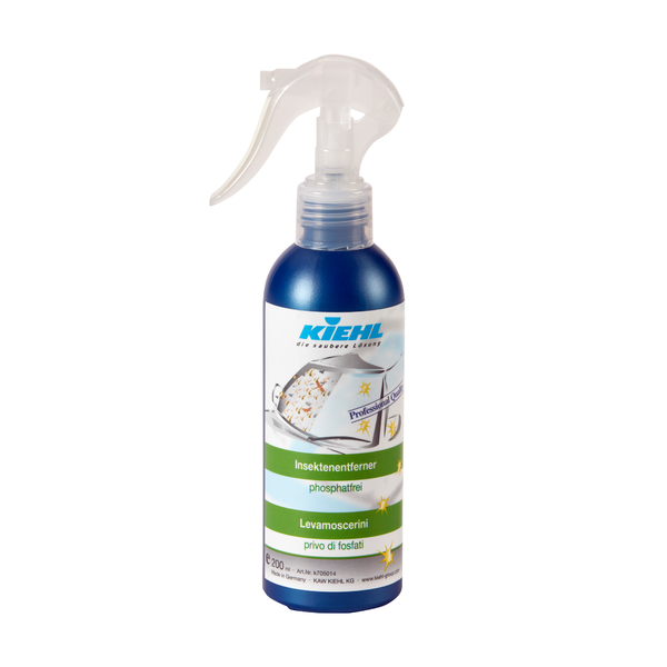 De Kiehl insectenverwijderaar van Johannes Kiehl KG is een blauw-witte 200 ml spuitfles met een transparante trekker. Op het etiket staan auto's en insecten afgebeeld, ontworpen voor effectieve insectenbescherming als insectenverwijderaar voor auto's.