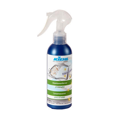 De Kiehl insectenverwijderaar van Johannes Kiehl KG is een blauw-witte 200 ml spuitfles met een transparante trekker. Op het etiket staan auto's en insecten afgebeeld, ontworpen voor effectieve insectenbescherming als insectenverwijderaar voor auto's.