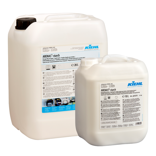 Twee witte kunststofcontainers (20L & 10L) van Kiehl ARENAS-Stärke Vloeibare Wasstijfsel van Johannes Kiehl KG met productetiket en zwarte schroefdop staan voor een witte achtergrond voor perfect gestreken wasgoed.