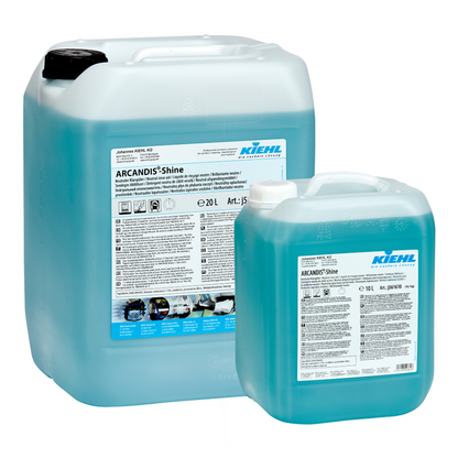 Deux récipients (20 L et 10 L) de Kiehl ARCANDIS-Shine Rinçage Neutre bleu de Johannes Kiehl KG, étiquetés pour "brillance sans traces" dans les lave-vaisselle.