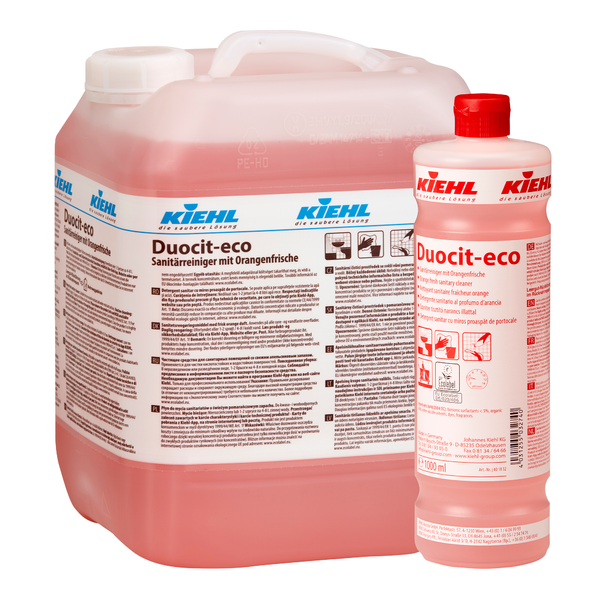 Deux récipients de Johannes Kiehl KG Kiehl Duocit-eco Nettoyant sanitaire à la fraîcheur d'orange, un grand et un petit, sont remplis de liquide rouge et ont des étiquettes blanches et des bouchons rouges - idéal pour un nettoyage écologique.