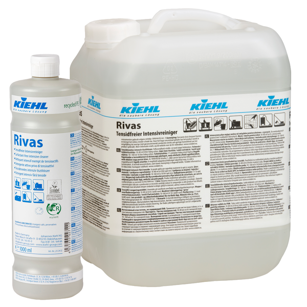 Sont illustrés une bouteille de 1 litre et un bidon plus grand de Kiehl Rivas Nettoyant Intensif Sans Tensioactifs de Johannes Kiehl KG, tous deux avec une étiquette blanche et un marquage bleu pour ce nettoyant sans tensioactifs pour différentes surfaces.