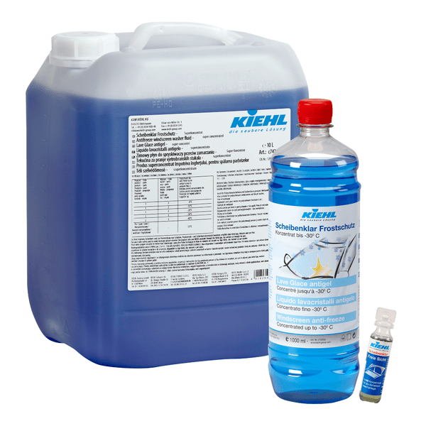 De 30-ml-fles "Kiehl Scheibenklar 1:100 Sommer Konzentrat" van Johannes Kiehl KG is uitstekend geschikt voor het reinigen van autoruiten en wordt geleverd in een doos met 200 flessen.