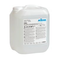 Un récipient de 10 litres en plastique transparent muni d'un couvercle blanc et portant l'inscription « Kiehl Calinex Kalk- und Fettentferner » de la société Johannes Kiehl KG, avec des informations sur le produit, des consignes d'utilisation et des consignes de sécurité en plusieurs langues.
